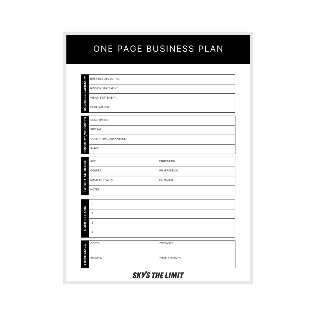 One Page Business Plan Template One Page Business Plan Template